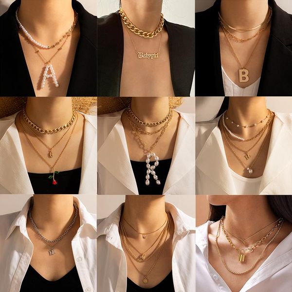 

pendant necklaces huatang 9 style vintage initial letter pearl necklace for women multilayer cuban clavicle chain choker party jewelry, Silver
