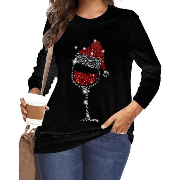 

women's hoodies & sweatshirts 3d sweatshirt christmas red wine glass shiny santa claus 2021 trend loose long-sleeved round neck, Black