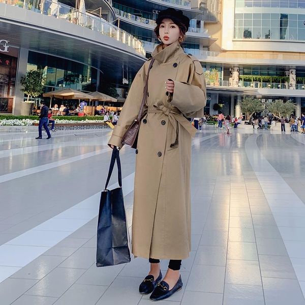 

women's trench coats autumn winter long coat women splice slit double breasted loose casual solid color bandage overcoat windbreaker cl, Tan;black