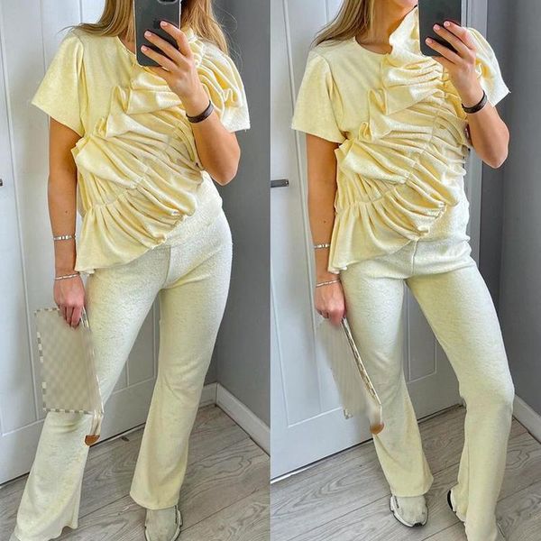 

women's two piece pants zoepo casual solid suits women fashion o neck short sleeve ruffle suit elegant full length female ladies, White
