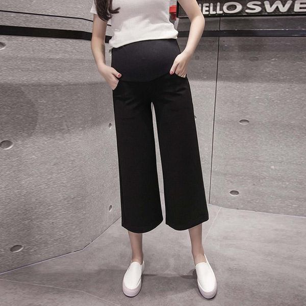 

maternity bottoms 1727# spring chic wide leg loose cotton pants stretch elastic waist belly clothes for pregnant women casual pregnancy, White