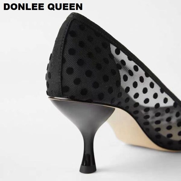 

2020 spring thin heels pumps shoes women pointed toe high heel work shoes polka dot mesh vintage elegant shallow pumps for party, Black