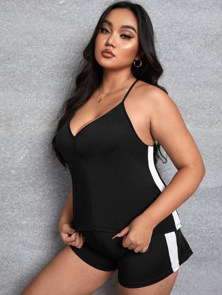 

plus color block cami with shorts a8cj#, Black;white