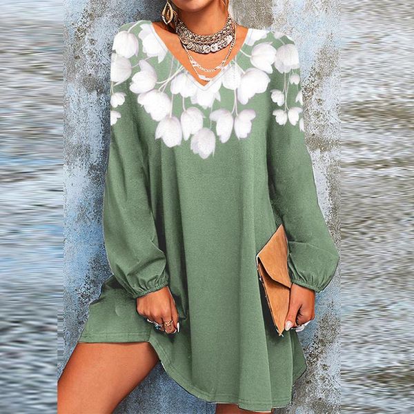 

casual dresses office lady v neck long sleeve pullover dress fashion loose party women elegant floral print patchwork mini, Black;gray