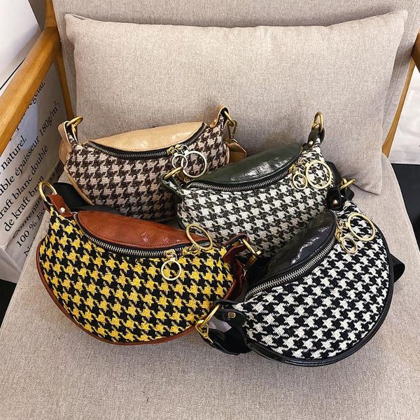 

fashion pu leather woolen fanny waist bags women classic plaid splicing color pouch crossbody female casual chest packs