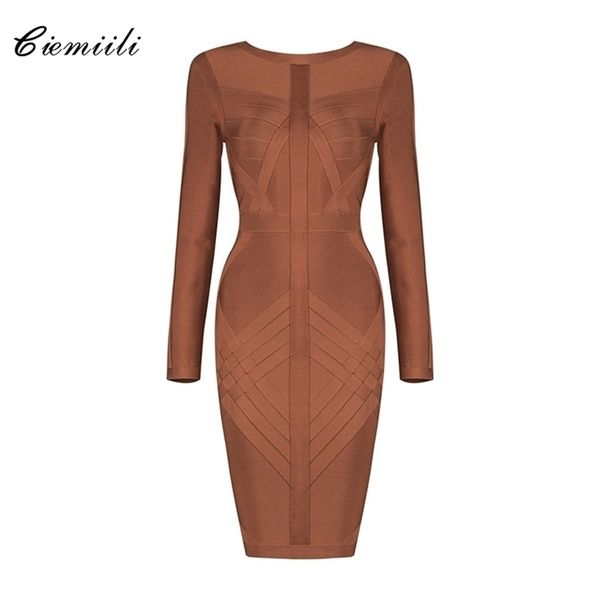 Ciemiili Winter Women Bandagem Mini Vestido Sexy Manga Completa O Necue Back Zip Bodycon Celebrity Club Party Vestidos 220210