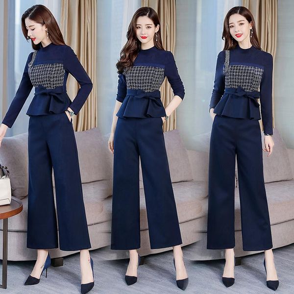 

women's tracksuits spring plaid 2 piece set women wide leg trousers suit pantalon femme conjunto feminino palazzo pants woman ukraine, Gray