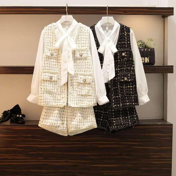 

women's two piece pants separately sale tweed 3 set 2021 fall winter women chiffon bow collar shirt + single-breasted plaid vest shorts, White