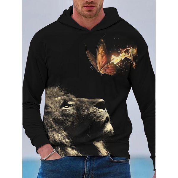 

lion butterfly pattern men s 3d printed hoodie visual impact party punk gothic round neck american sweatshirt hoodie, Black