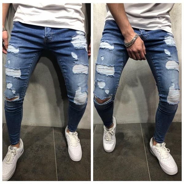 

men jeans, boy's ripped hole tight fitting pencil pants denim trousers for male, Blue