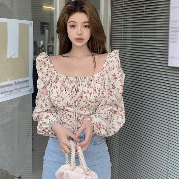 

women's blouses & shirts ropalia women long sleeves chiffon blouse retro floral print female square collar shirt sweet, White