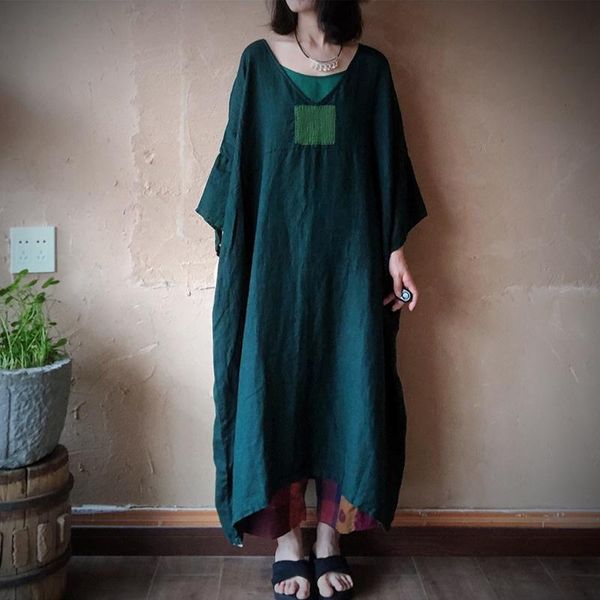 

casual dresses johnature summer loose patchwork dress 2021 o-neck linen wrist sleeve plus size women retro dark green, Black;gray