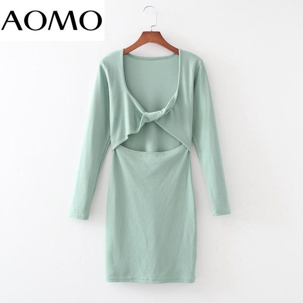 

casual dresses aomo women bow cut-out slim dress v neck long sleeve waist hollow females mini 1d360a, Black;gray