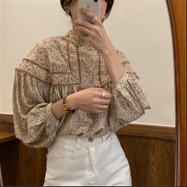

floral gentle sweet retro women shirts lantern long sleeves patchwork 2021 new arrivals elegance female blouses, White