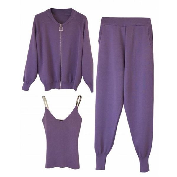 

women's two piece pants 3 pieces set women knitted chain vest jacket + carrot jogging outwear+vest+pants, White