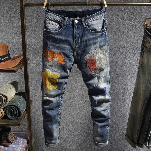 

fashion streetwear men jeans retro blue patches designer ripped jeans men punk pencil pants hip hop homme