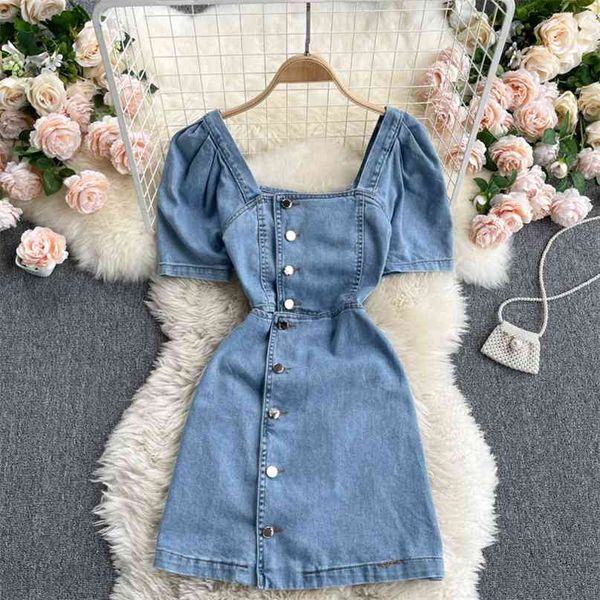 Mode Gilrs Denim Kleid Sommer Quadrat Kragen Kurze Puff Sleeve Einreiher Hohl Heraus Taille Mini Jeans 210603