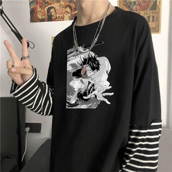 

men's t-shirts jujutsu kaisen anime japan harajuku oversize summer tshirt cool manga yuta okkotsu tee fashion long sleeve fake two t-s, White;black