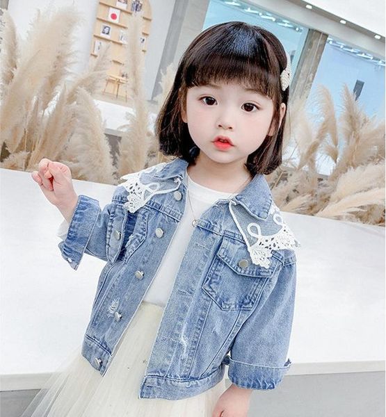 

jackets koodykids autumn kids girls coats outfits children girl casual jacket with lace decor denim outwear spring stylish 2-7 y, Blue;gray