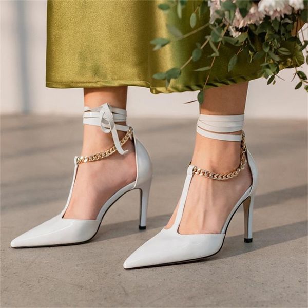 

sandals pxelena 2021 handmade stiletto high heels gladiator women genuine leather rome chain t strap cross tied shoes 34-41, Black