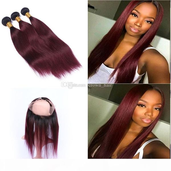 

#1b 99j 360 lace band frontal with malaysian virgin human hair bundles dark root burgundy hair weft with 360 lace frontal 22.5*4*2, Black