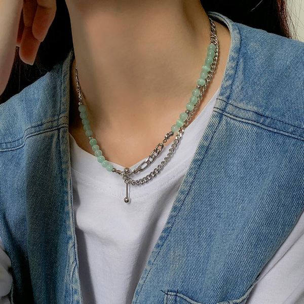 

pendant necklaces shixin asymmetrical beaded chain choker for women men special light green stone on neck fashion jewelry 2021, Silver