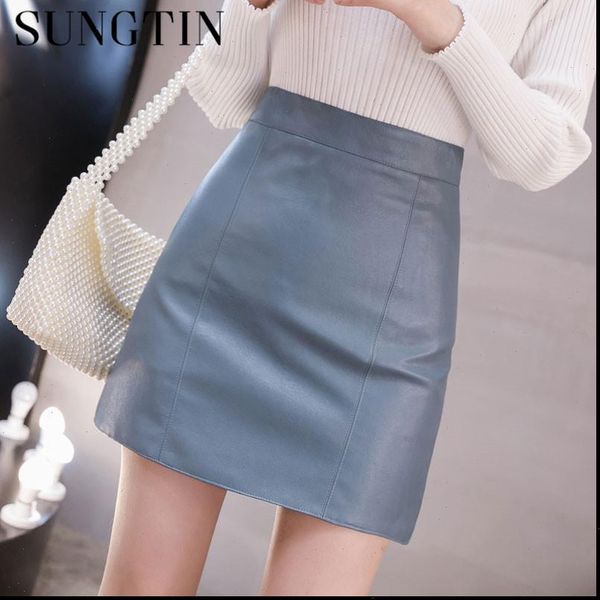 

sungtin 5 color pu mini skirts high waist fashion office lady faux leather skirt women a line faldas mujer gold silver, Black