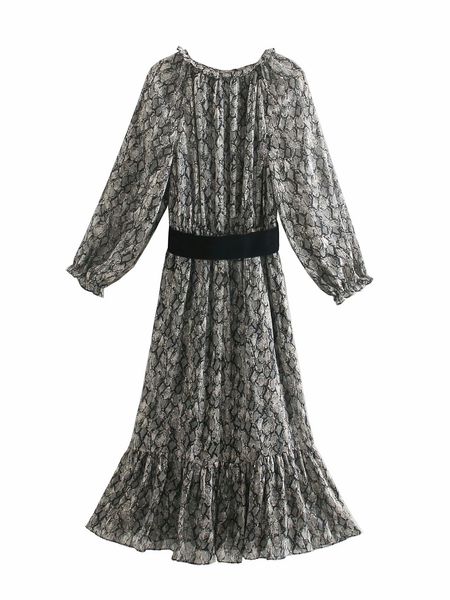 

2021 new women snake print es with waistband long sleeve vestido ctn5, White