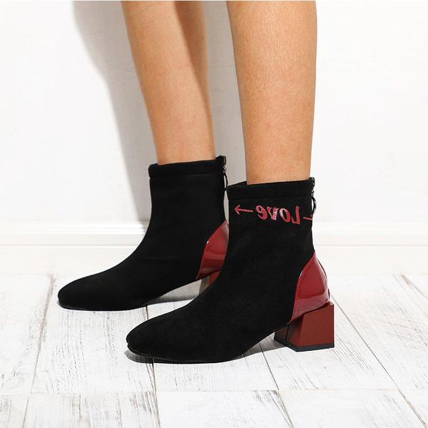 

boots women zip pu suede ankle autumn female elegant fashion ladies botas women's square high heels shoes, Black