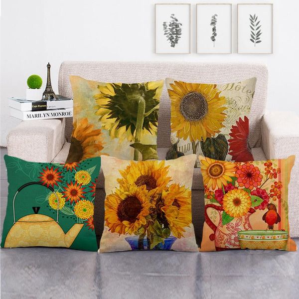 

cushion/decorative pillow retro style sunflower print cushion cover plant landscape linen pillowcase decoration for living room bedroom chai
