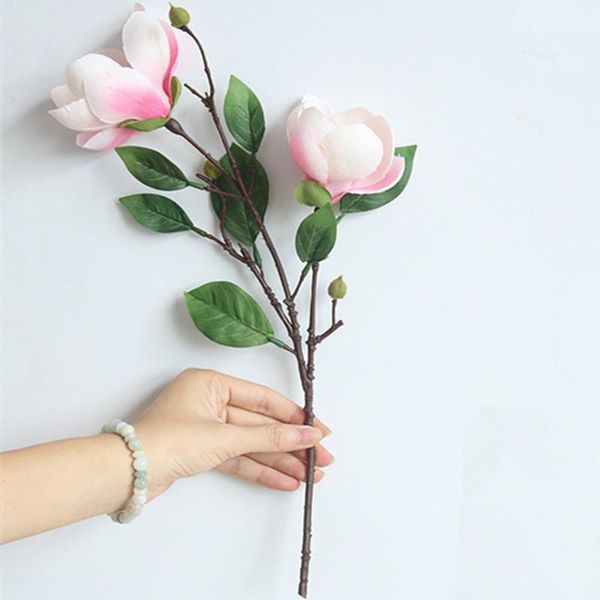 

2 heads magnolia branch with leaves silk artificial flowers wedding home garden room decoration flores