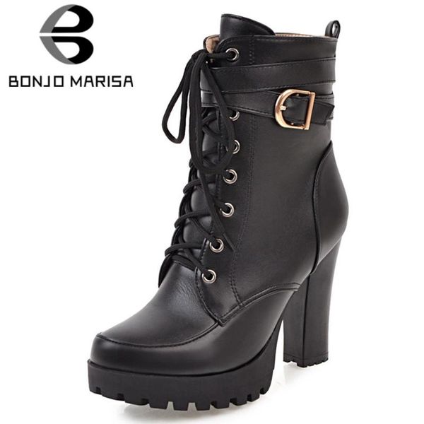 

boots bonjomarisa classic mature platform ankle solid lace-up motorcycle women high heels autumn shoes woman, Black