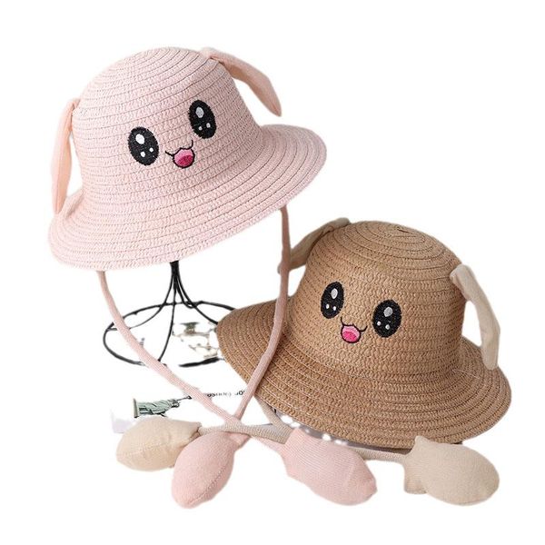 

children's new rabbit ears straw hat cute cartoon baby summer outing sun hat, Yellow