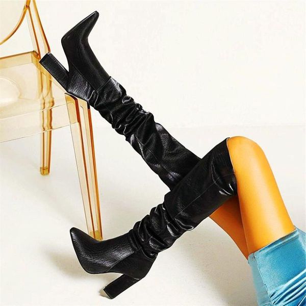 

boots punk goth women over the knee thigh high heel pull on pointed toe party pumps tall long 33 34-43, Black