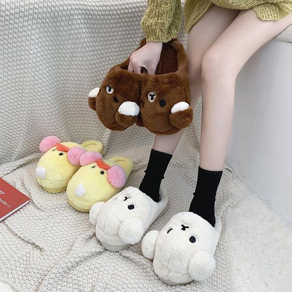 

slippers bear couple shoes soft warm winter plush indoor floor cute cartoon woman non-slip women cotton, Black