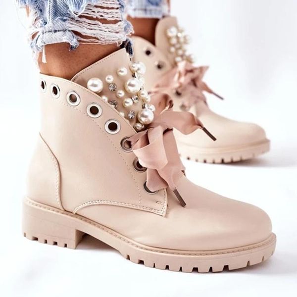 

boots 2021 women pearl crystal ankle woman non slip motorcycle autumn ladies lace up punk shoes female platform plus size, Black