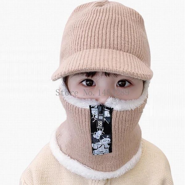 

berets winter knitted children beanie hats infant kids scarf warm coral fleece ear warmers caps turban wool fur for girls boys, Blue;gray