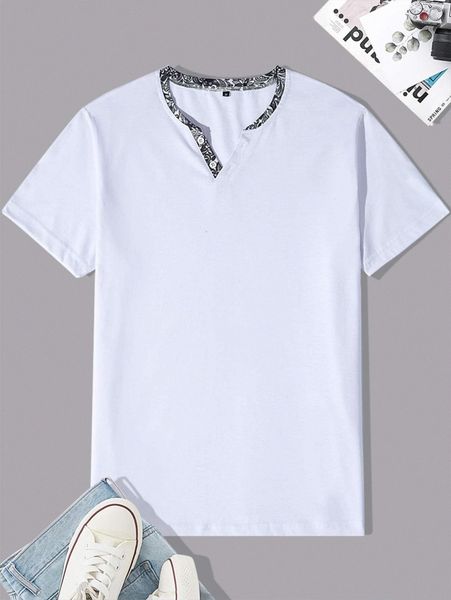 

men contrast trim notched neck tee b3ki#, White;black