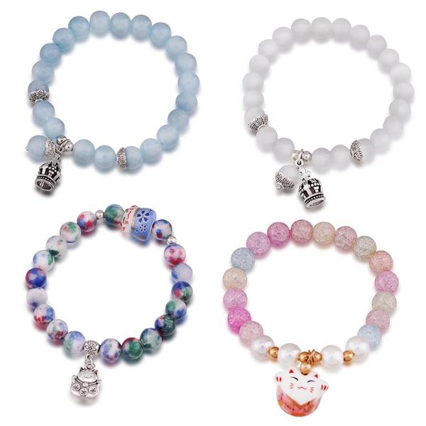 

bangle simple fashion lucky cat colorful natural stone beaded bracelet adjustable stretch for romantic women jewelry, Black