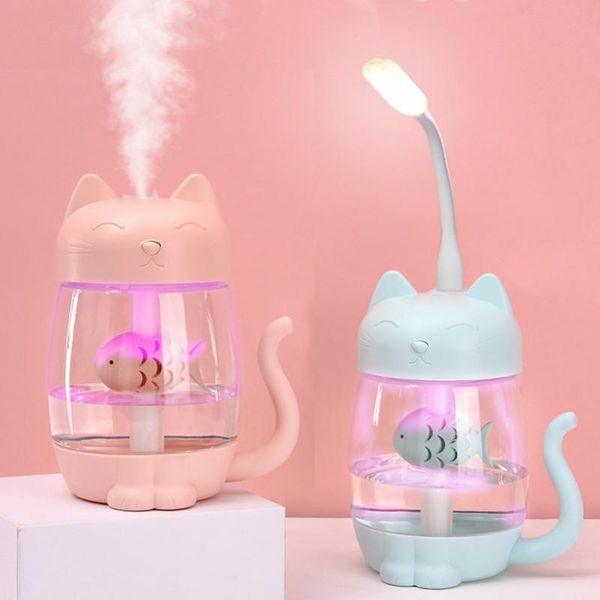 

humidifiers 3 in 1-humectant cartoon cat essential oil diffuser usb car air cleaner cool mist fogger maker with fan & table lamp led 350ml