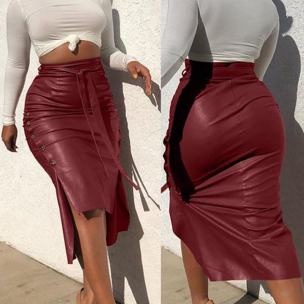

faux pu leather midi skirt women's high waist button trim solid color slit bodycon pencil skirt with belt, Black