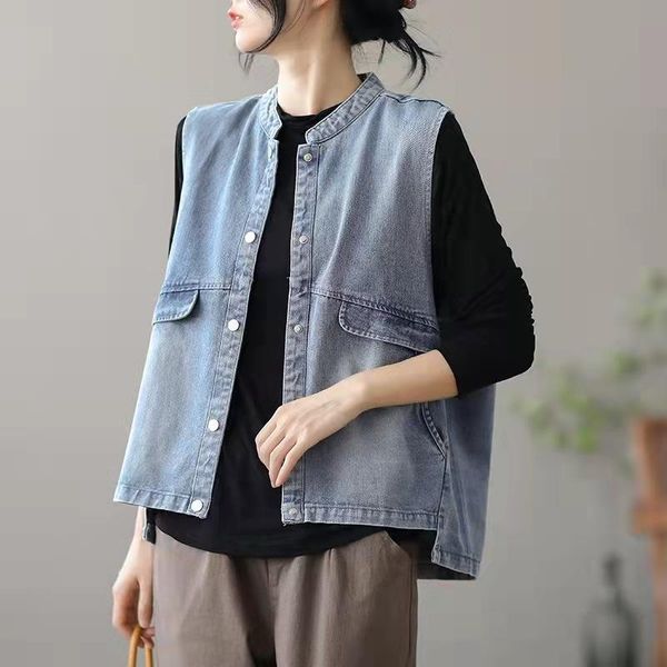 

women's vests 21 autumn denim washed vest women vintage bleached casual short length pocket spliced loose sleeveless coat female, Black;white