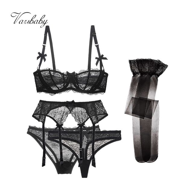 

varsbaby lace 5 pcs bras+garters+panties+thongs+stockings underwear black/pink /white plus size bra set 210820, Red;black