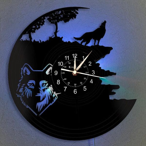 

wall clocks wild wolf clock record led | vintage handmade interior home decor cartoon gifts for kids and friends.