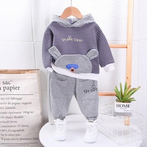 

clothing sets 0-4 years old cartoon bear print cute hooded pullover children's suit boys striped color-blocking sweatshirt long two-pie, White