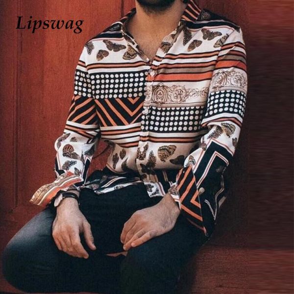 

men's casual shirts vintage print mens long sleeve shirt fashion 2021 spring turn-down collar button for men loose streetwear 3xl, White;black