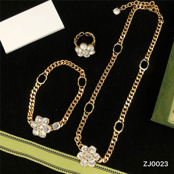 

trendy flower diamond necklace jewelry set shiny rhinestone bracelet open ring crtstal necklaces metal chain double letter bracelets, Black