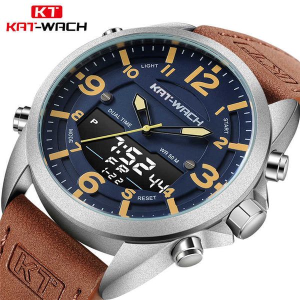 

fashion brand men sports watches with leather strap digital analog watch army military waterproof male led relogio masculino 210728, Slivery;brown