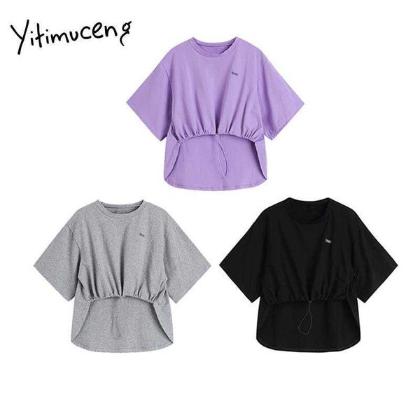 

yitimuceng crop t shirts woman oversize tees unicolor purple gray black o-neck summer korean fashion tshirts 210601, White