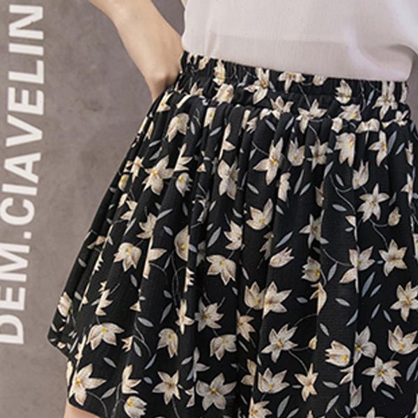 

wide leg chiffon shorts women 2021 summer fashion lady large size casual loose printing short skirt plus size, White;black